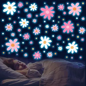 Daisy Wall Decals Glow in The Dark Big , Glowing Luminous Large Cute Daisy Wall Stickers Colorful Removable self-Adhesive Pink White Flower Decals for Girls Bedroom Kids Baby Nursery Living Room Decor