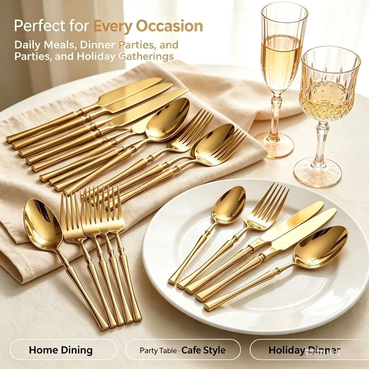 40 PCS Polished Finish Gold Stainless Steel Flatware Set, Slim Handles Dishwasher-Safe Cutlery Utensils, Ideal for Family Dinner, Wedding Banquet, Birthday/Wedding Gifts