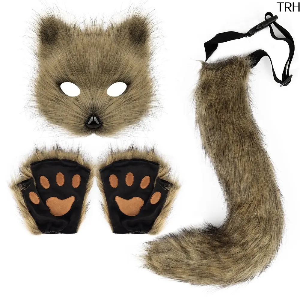 Faux Fur Fox Mask Tail & Paw Gloves Set, Realistic Animal Cosplay Accessory, Halloween Wolf Fox Costume Kit for Party Fursuit Role Play