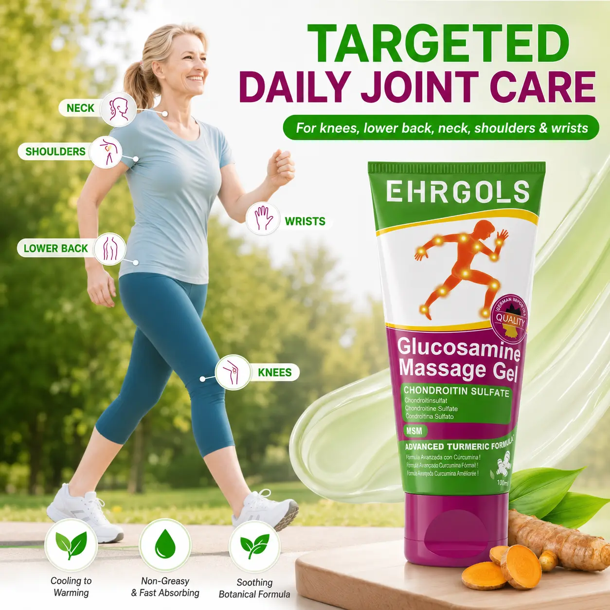 Ehrgols Glucosamine Joint Massage Gel 3.4 fl oz/100ml, with Turmeric & Chondroitin, Topical Joint & Muscle Massage Gel, Cooling-to-Warming, Non-Greasy Fast Absorbing Daily Care for Knees, Hands, Lower Back, Neck, Shoulders & Wrists, Adults & Seniors