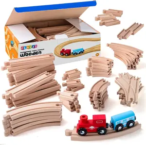 Play22 Wooden Train Tracks Set - 52 Pcs with 2 Bonus Trains for Kids - Double-Sided Magnetic Tracks - Educational Toy - Compatible with Thomas Brio Chuggington - Safe & Creative Play