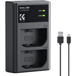 K&F Concept Dual-Slot Battery Charger for Canon LP-E6 Series, Type-C/Micro USB Compatible with EOS R5, R6, RP, R7, 5D Mark III/IV, 6D Mark IV, 5DS Cameras, Camera Accessory with Lights