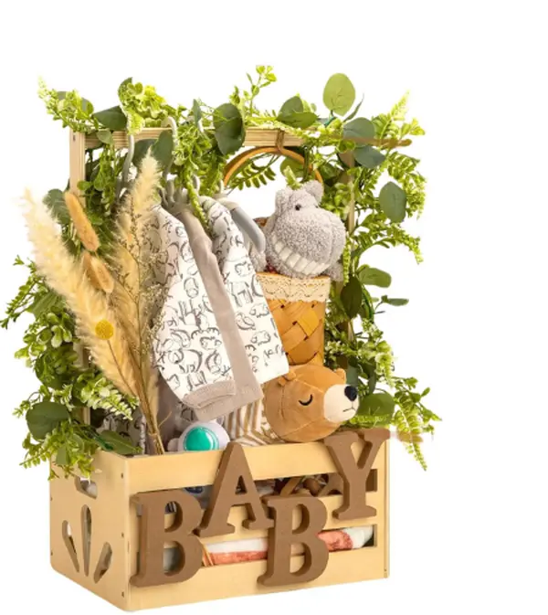 Wooden Baby Shower Crate Closet, Baby Storage Crate Hamper with Handle, Basket for Baby Shower Gifts, Welcome Gift Basket for Newborn Boys Girls, Pregnancy Gifts for New Parents（Includes 5 wooden hangers） Decoration Dual