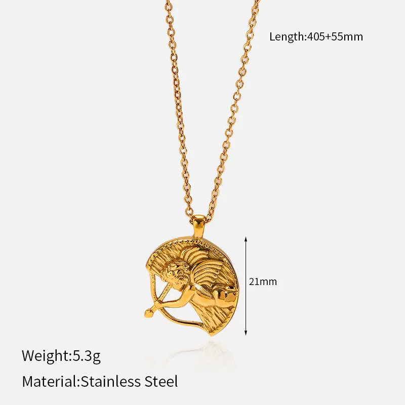 European and American embossed necklaces, niche luxury heart-shaped Cupid pendants, stainless steel sweater chains, vintage titanium steel accessories European and American embossed necklaces, niche luxury heart-shaped Cupid pendants, stainless steel sweater chains, vintage titanium steel accessories