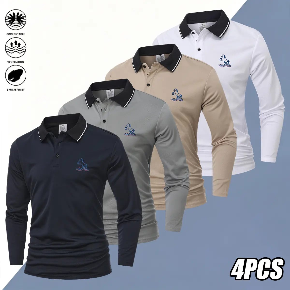 JOGWAVE Men's 4 Pack Long Sleeve Polo Shirts, Soft Plain Tops, Breathable Casual & Business Wear for Outdoor Leisure, Menswear
