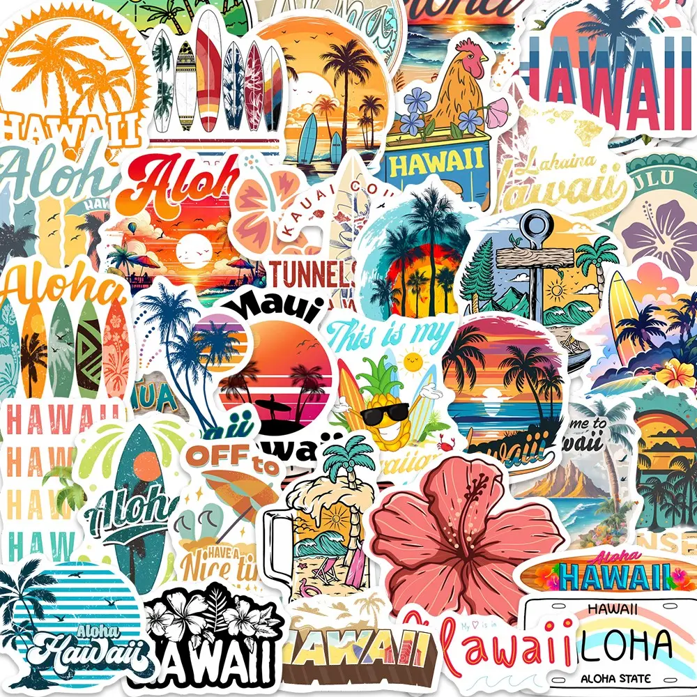 50pcs Hawaii Vintage Surf Stickers Pack, Waterproof Tropical Beach Aloha & Palm Tree Decals for Laptop, Water Bottle, Journal & Scrapbook, Travel Lover Gift