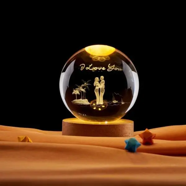 3D Couple Crystal Ball Valentine's Day Gift for Her 2.36" Engraved Glass Couple Ball with Colorful Light Base Decorative Glass Ball Romantic Anniversary Decoration Wife Birthday Gift