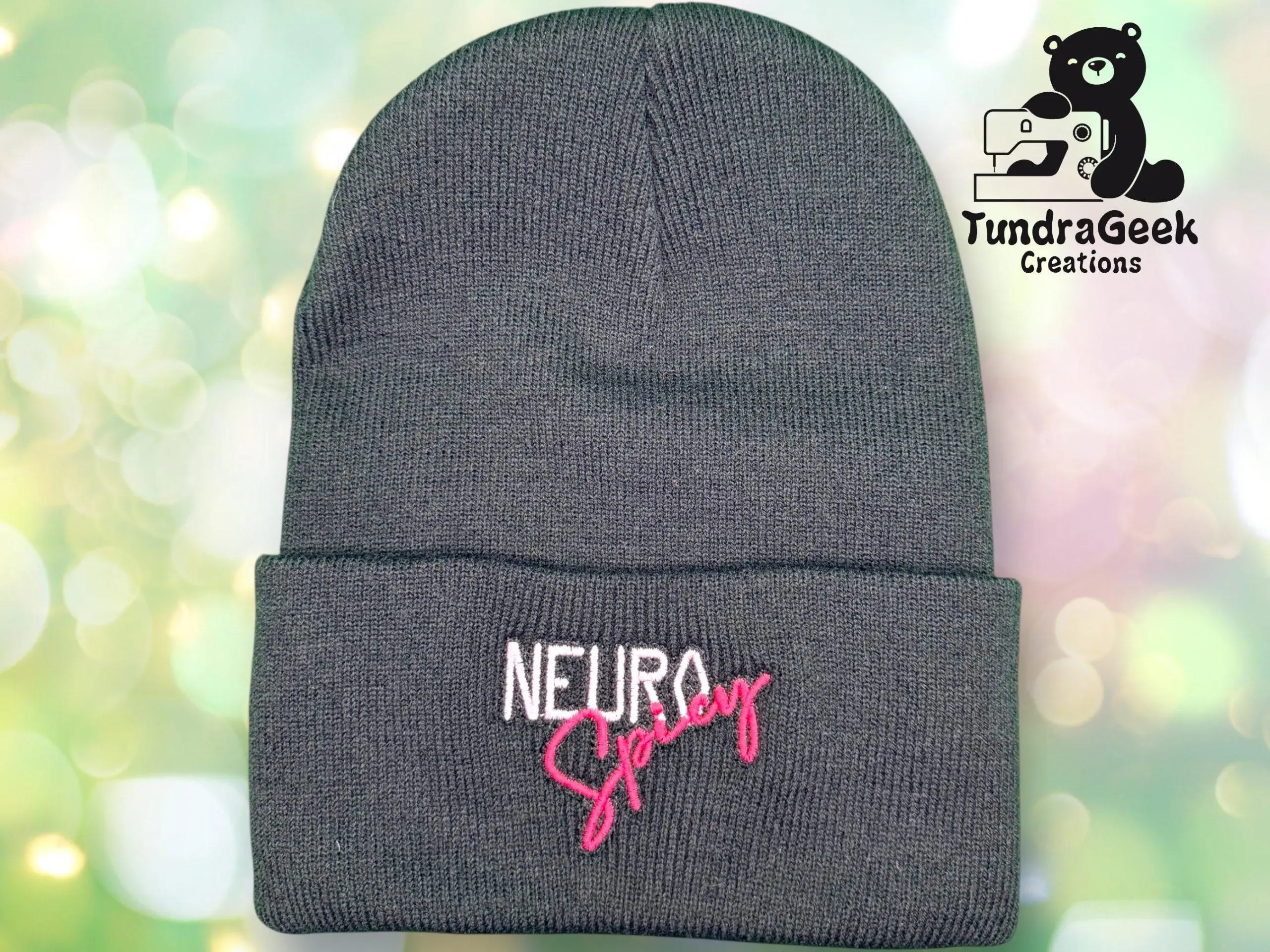 NeuroSpicy Embroidered Cuff Beanie – Large Knit Hat in Black, Hot Pink, Neon Blue, Gray | Neurodivergent Pride Winter Gift