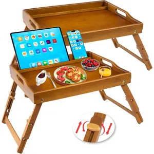 2 Pack Bed Tray Table with Handles Folding ,  Breakfast  Tray with Media Slot, Use As Platter, Laptop Desk, Snack, TV Tray Kitchen Serving Tray(Brown)