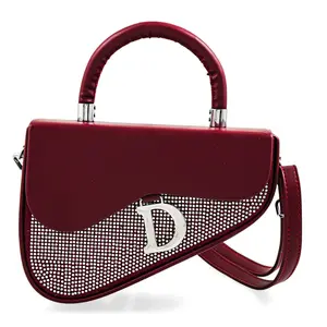 La Marey Burgundy Faux Leather and Rhinestone Sparkling Crossbody Bag with Shoulder Strap