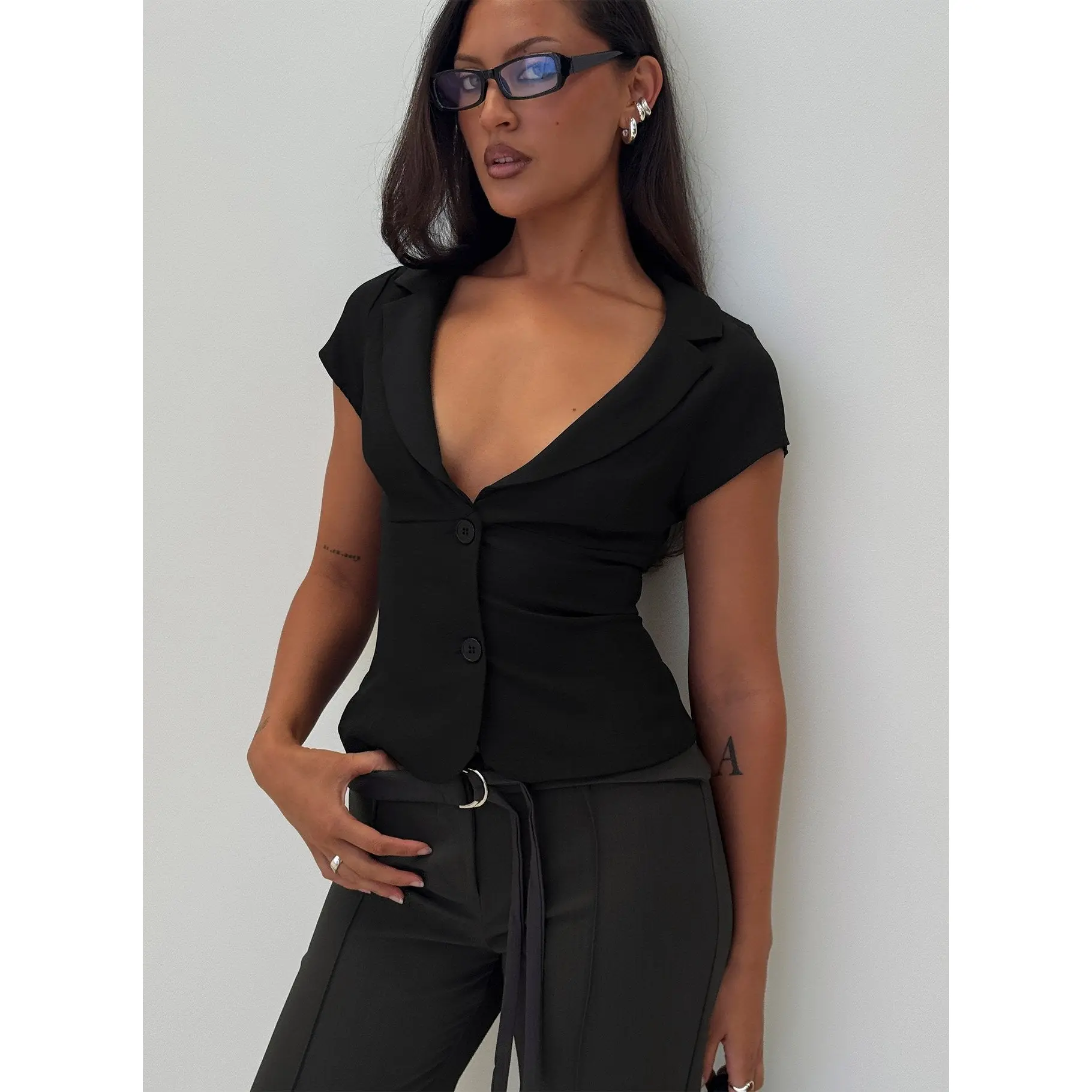 Alexandrea Plunge Button Up Top Black