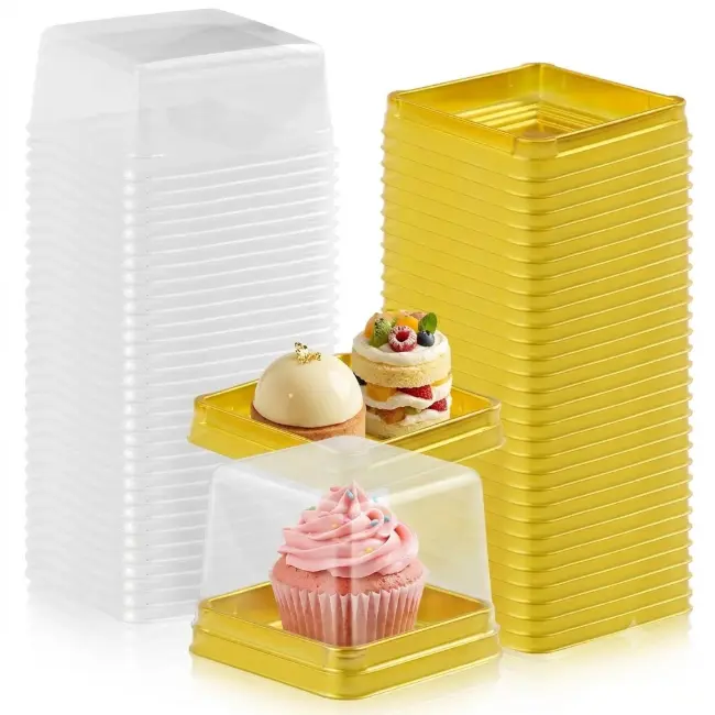 100 Set 3" Mini Cupcake Containers – Square Plastic Muffin Boxes with Clear Lids, Gold Individual Cake Holders for Wedding, Birthday Party Favors & Dessert Display