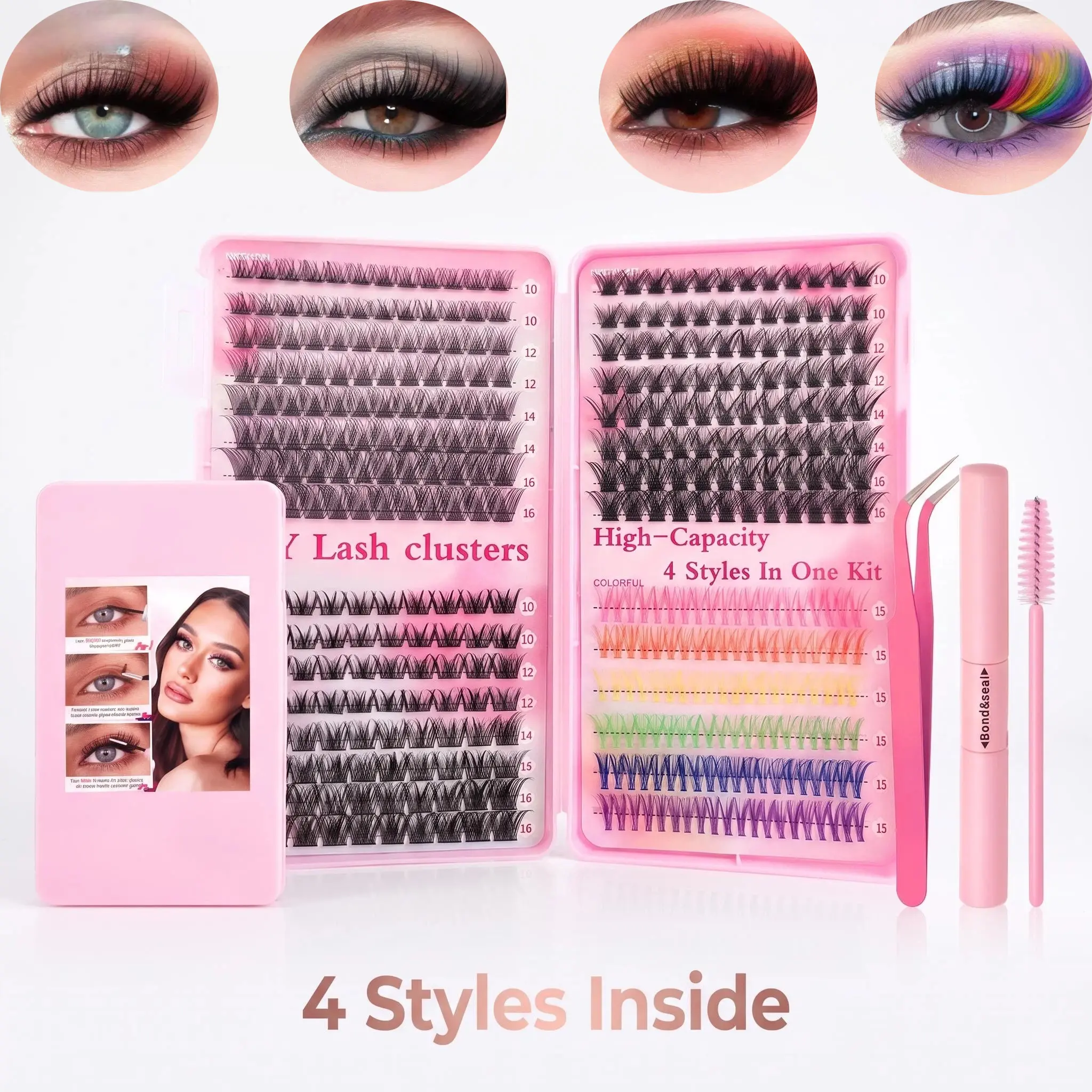4-in-1 DIY Lash Clusters Tray, Mixed Length  & Dramatic Black Lashes Colorful Rainbow Individual Eyelashes for Beginners Cosplay Party Makeup Natural Flawless Set mink fake
