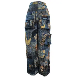 Women's Patchwork Art Print Pocket Cargo Pants, Casual Street Trousers for Daily Wear, Ladies Bottoms for All Seasons, Baggy Pants