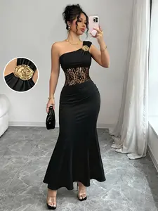 Women's Summer Black Lace Patchwork Bodycon Dress, Asymmetrical Neckline Design, Chic Elegant One-Shoulder Evening Gown/Bodysuit, Suitable for Weddings and Parties, Formal Guest Attire