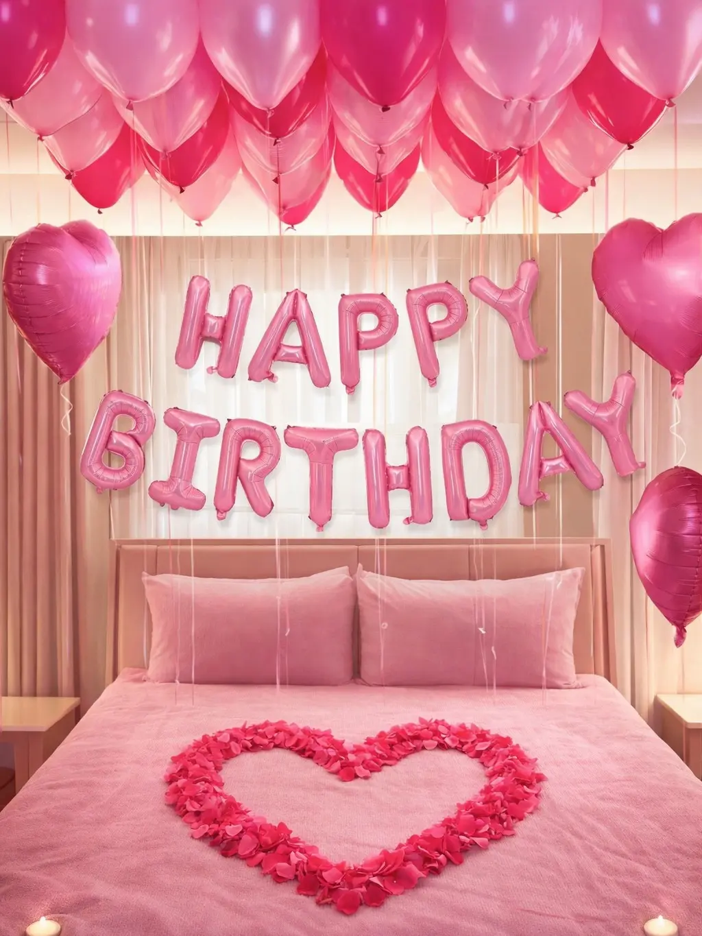 247PCS Pink Happy Birthday Balloon Decorations, Birthday Balloon Banner Kit with Heart Foil Balloons, Rose Petals, Party Backdrop Decor