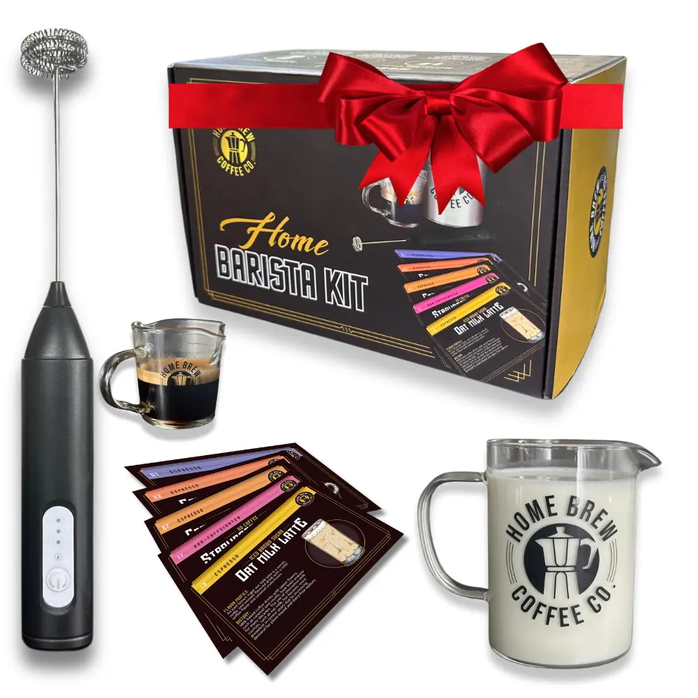 Coffee Bar Essentials: Home Barista Coffee Kit; Coffee Gift Set - Lattes, Macchiatos, Frappes - Includes Premium Coffee Recipes, Rechargeable Frother Wand, Espresso Glass, Frothing Pitcher