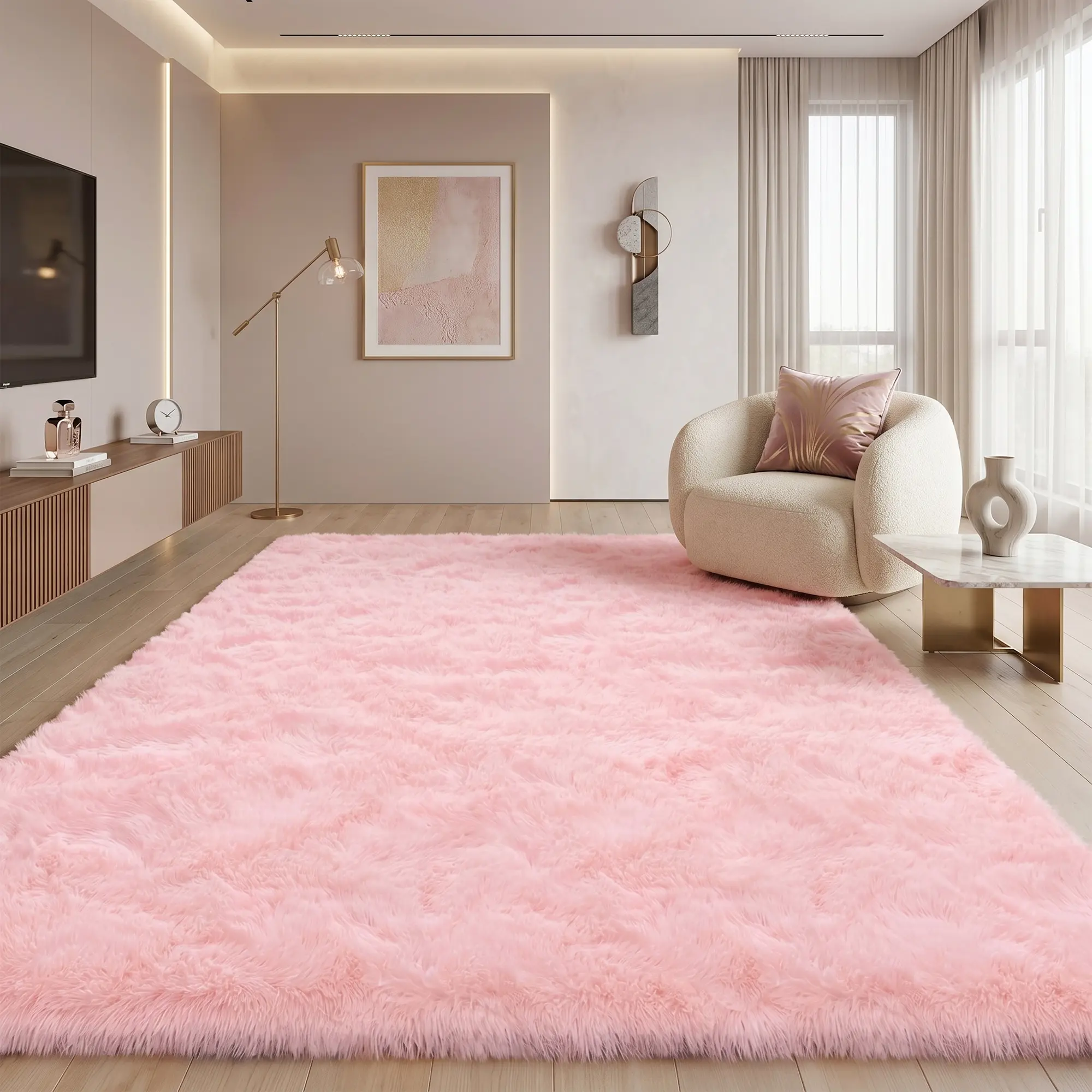 Pink Fluffy Shag Area Rug, Ultra Soft Non-Slip Plush Carpet, Aesthetic Floor Decor for Living Room Bedroom Dorm
