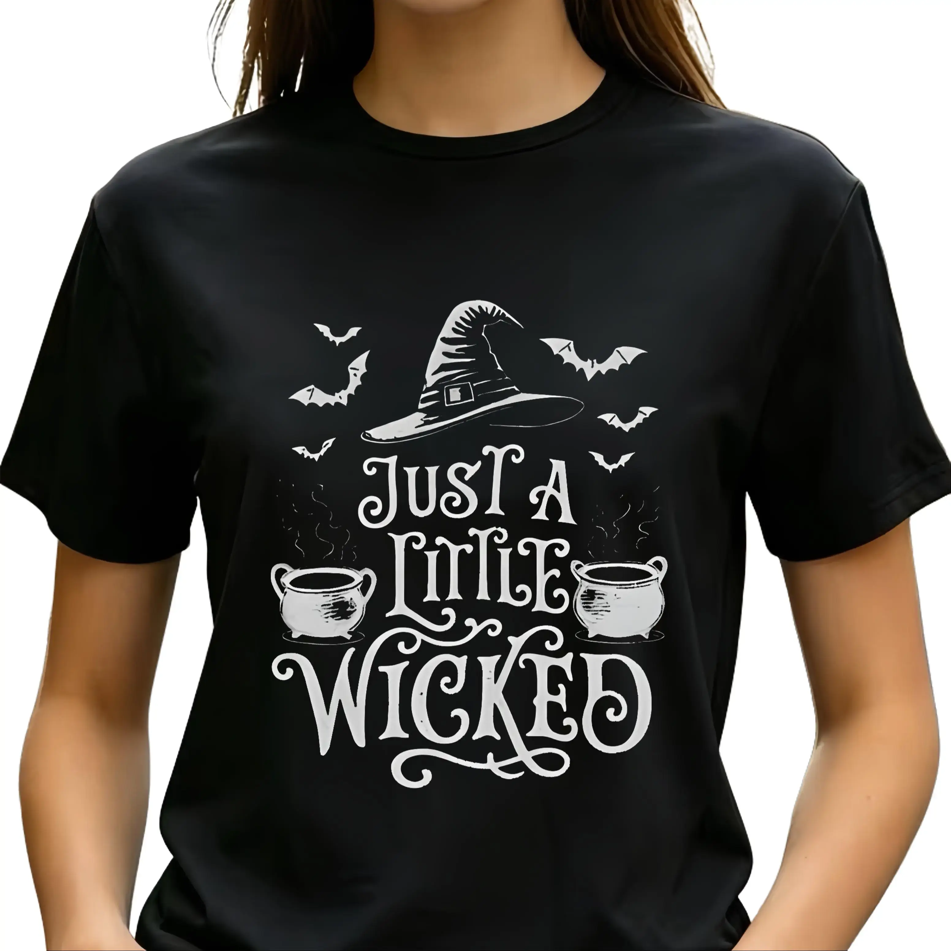 Women's Cotton Graphic Short-Sleeve T-Shirt - Unisex Loose Basic Solid Top with "Just A Little Wicked" Witch Hat, Cauldron, Bats Halloween Print for Halloween Party, Daily Streetwear (Pairs with Bottoms, Joggers)
