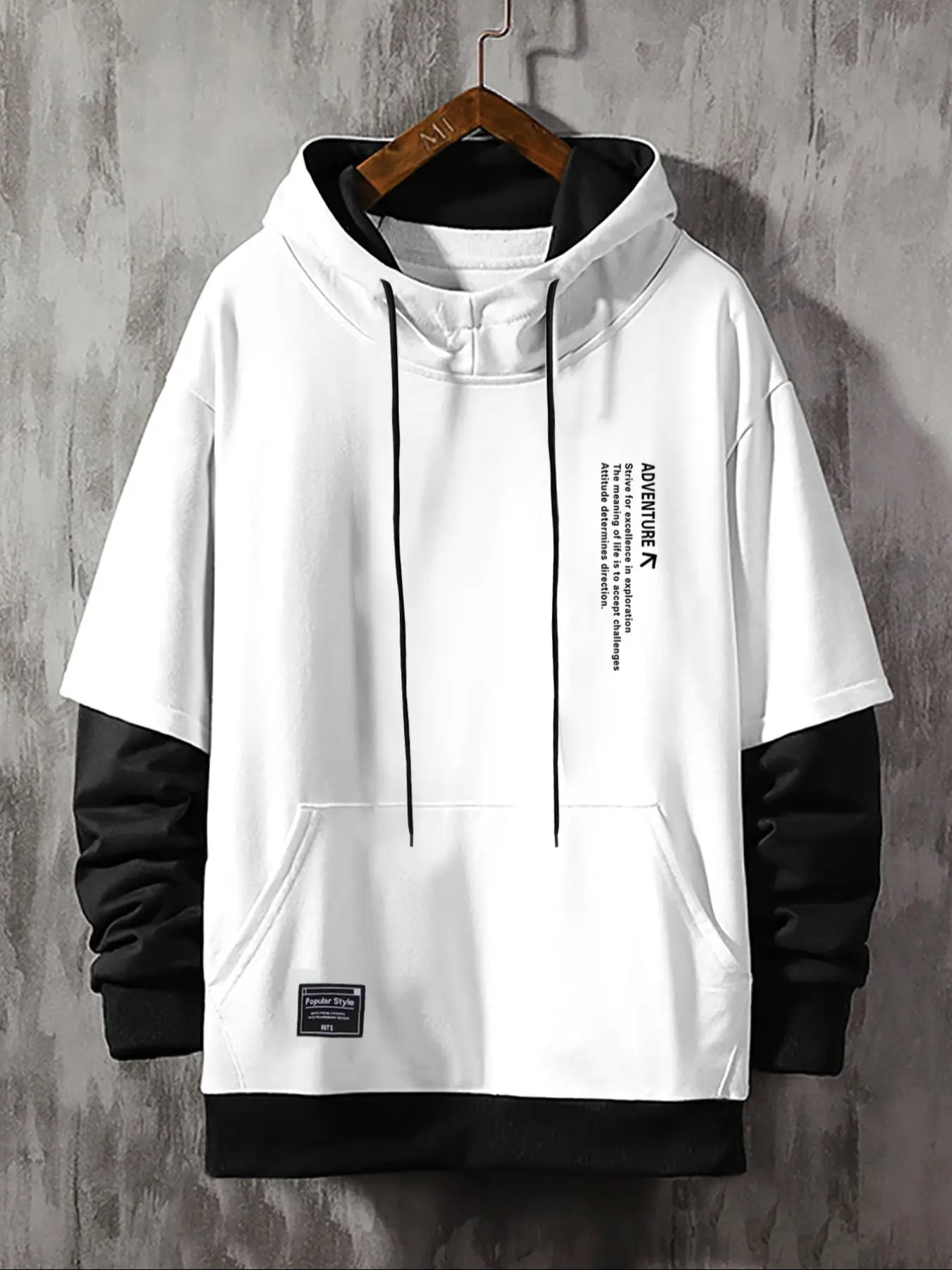 Men's Fleece Hoodie Sweatshirt, Fashion Colorblock Design, Comfortable Loose Fit Longsleeves Pullover, Cotton Drawstring Hooded Casual Long Sleeve Top, Casual Streetwear Sweatshirt, Casual Warm Sweatshirt