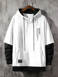 Men's Fleece Hoodie Sweatshirt, Fashion Colorblock Design, Comfortable Loose Fit Longsleeves Pullover, Cotton Drawstring Hooded Casual Long Sleeve Top, Casual Streetwear Sweatshirt