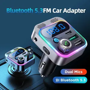Bluetooth 5.3 FM Car Adapter with Ambient Lighting Fast Charger Type C & Dual USB Ports Dual Mics New year gift Car Audio Usb Powered Charging