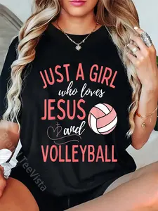 100% Cotton Unisex Just A Girl Who Loves Jesus and Volleyball Christian T-Shirt Graphic Casual Round Neck Tee
