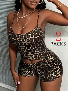 Women's Leopard Print Crop Top & Mini Shorts Two-Piece Set, Sexy Summer, Tight-Fit Design, Casual Wear for Women, Fitted, Womenswear