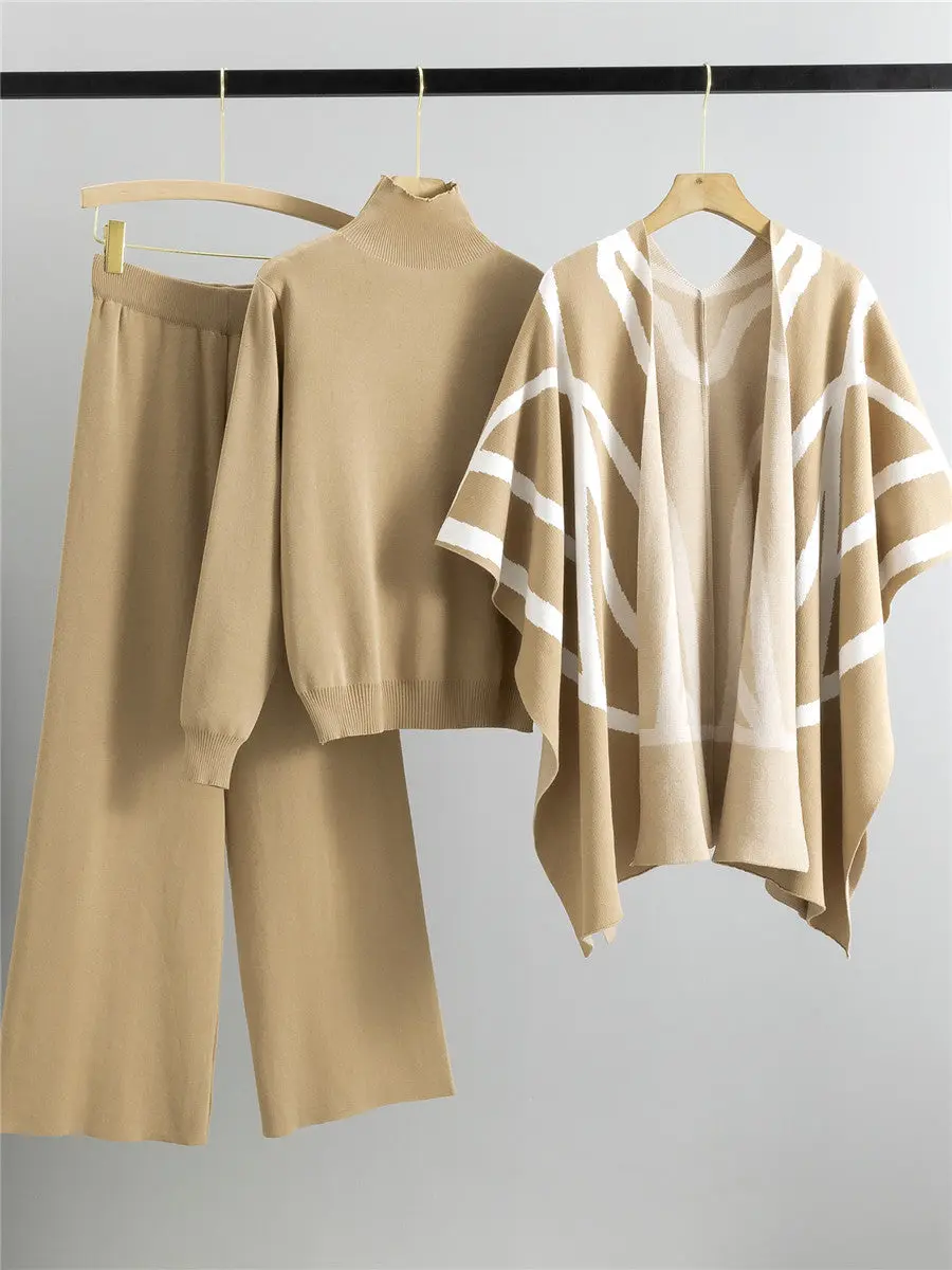 Casual Suit For Women In Autumn And Winter New Style Elegant Socialite Lazy Style Knitted Sweater Shawl Cloak Wide Leg Pants Three-Piece Set