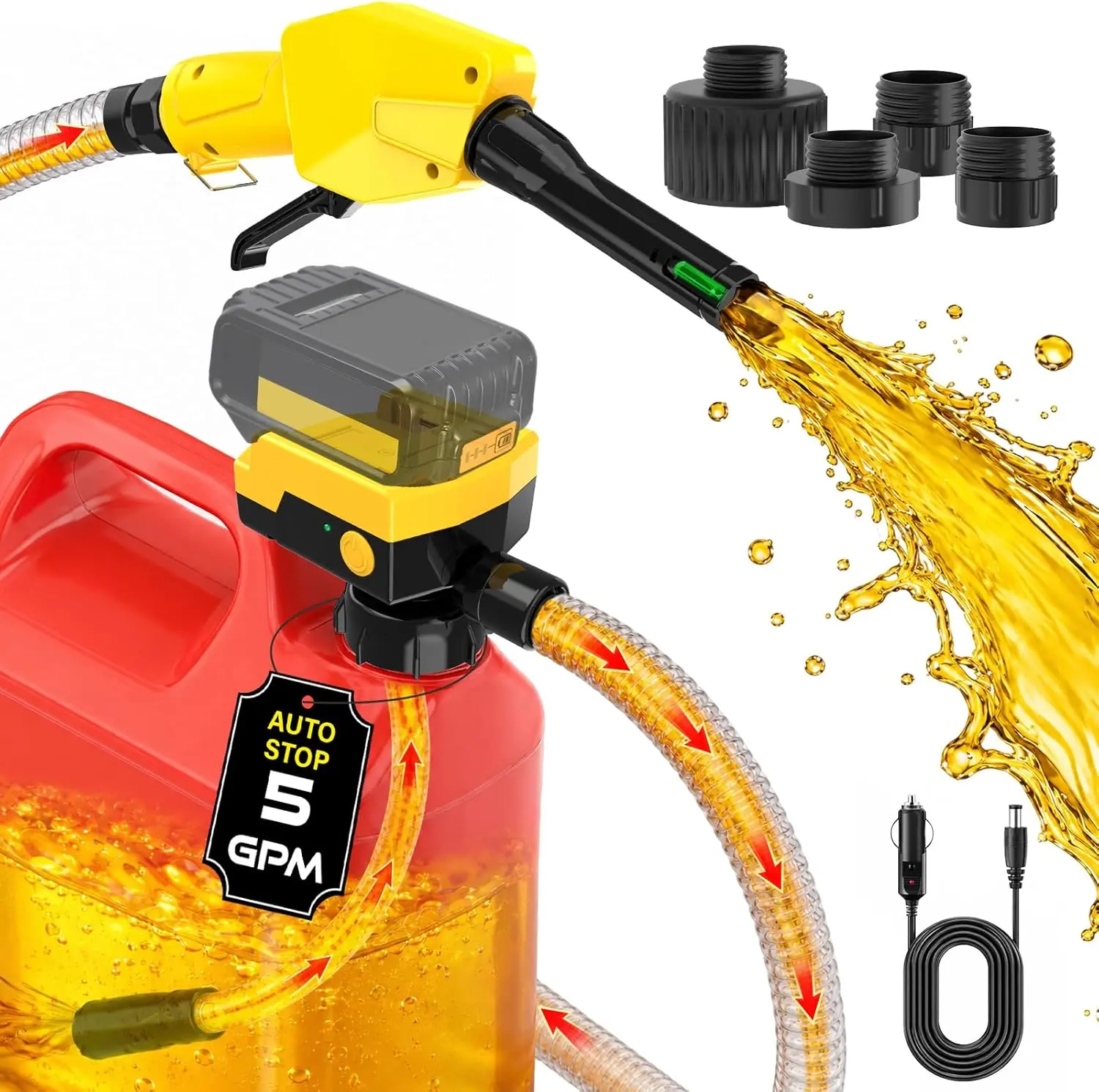 5 GPM Cordless Fuel Transfer Pump with Auto-Stop & Hand Trigger Nozzle, Compatible with DeWalt 20V & Milwaukee 18V Batteries, Gas Can Pump for Gasoline/Diesel, 51" Hose & 4 Adapters (Bare Tool)