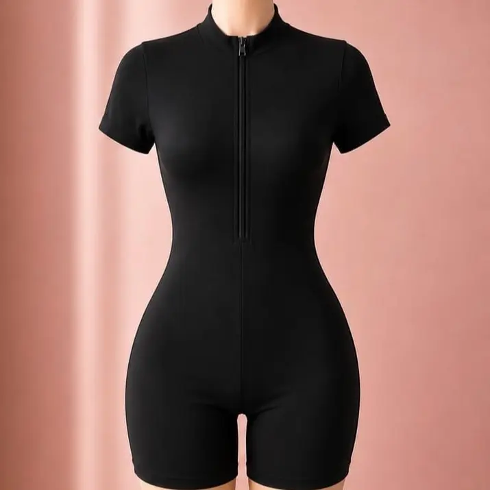 Women's Short-Sleeve Zip-Front Bodycon Workout Romper, Athletic Jumpsuit for Gym Fitness