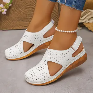 Summer Women's Perforated Wedge Sandals Adjustable Ankle Strap Breathable Thick Sole Closed Toe Lightweight Comfortable Solid Color New Arrival 2024 Summer Women's Perforated Wedge Sandals Adjustable Ankle Strap Breathable Thick Sole Closed Toe Lightweigh