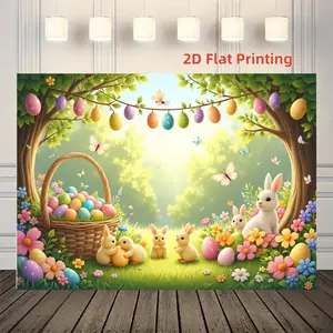 Easter Background Banner Tapestry, Colorful Eggs and Rabbit Garden Scene, Universal Holiday Decoration for Indoor and Outdoor Parties
