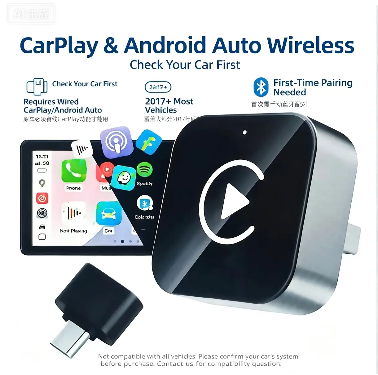 2026 2-in-1 Wireless CarPlay & Android Auto Adapter - Stable Plug-and-Play Bluetooth Device for Most 2017+ Vehicles, Auto-Connect for Navigation, Hands-Free Calls, Entertainment, Family Use, First-Time Pairing Required, Iphone (Ios 10+) And Android (Andro