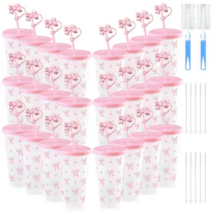 HILAKE 24pcs Bow-Knot Printed PP Water Cups with Lids, Straws and Straw Caps, Reusable, Stylish & Practical. Perfect for Office Hydration, Birthday Parties & Banquets, Essential Gift Set for Thanksgiving & Graduation Season