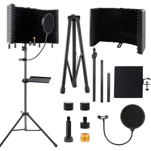 5-Sided Isolation Shield Microphone Stand, Studio-Grade Soundproof Booth with Pop Filter & High-Density , Adjustable Tripod for  studio, Podcasting Mic Stand with Pop Filter