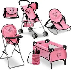 Dolls To Play Baby Doll Nursery Playset with Stroller, Bed, High Chair and Rocking Chair, Diaper Bag, Pink Heart, Fits 12 to 18 Inch Dolls