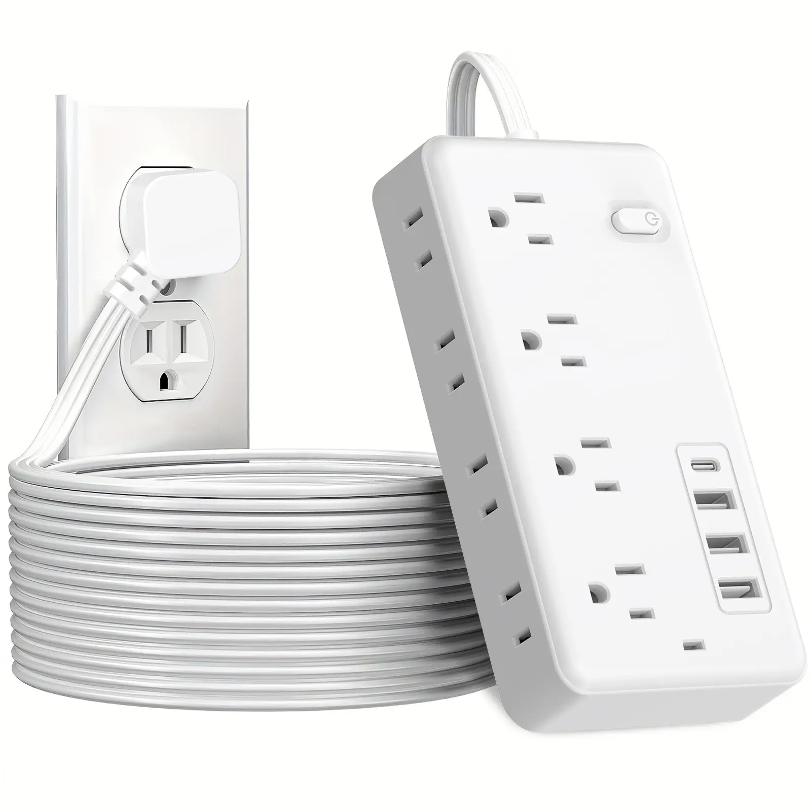 Flat Plug Surge Protector Outlet Extender Power Strip with Extension Cord, 8 AC Outlets, 4 USB Charging Ports (3 USB A & 1 USB C), Desk Charging Stati