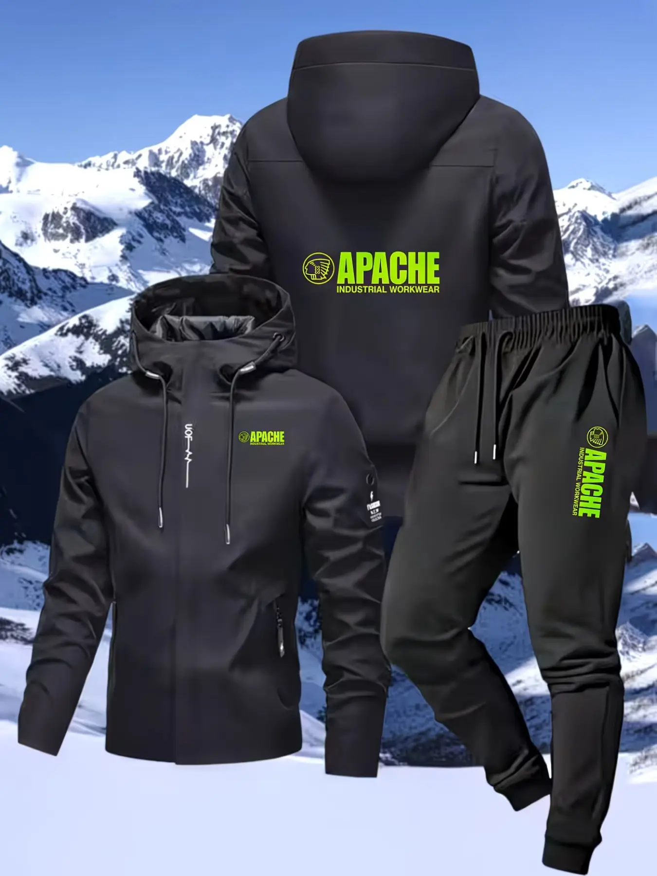 Apache Industrial Work Suit, Hooded Jacket and Pants Set, Loose-Fitting, Spring & Fall, Print Pattern, Two-Piece