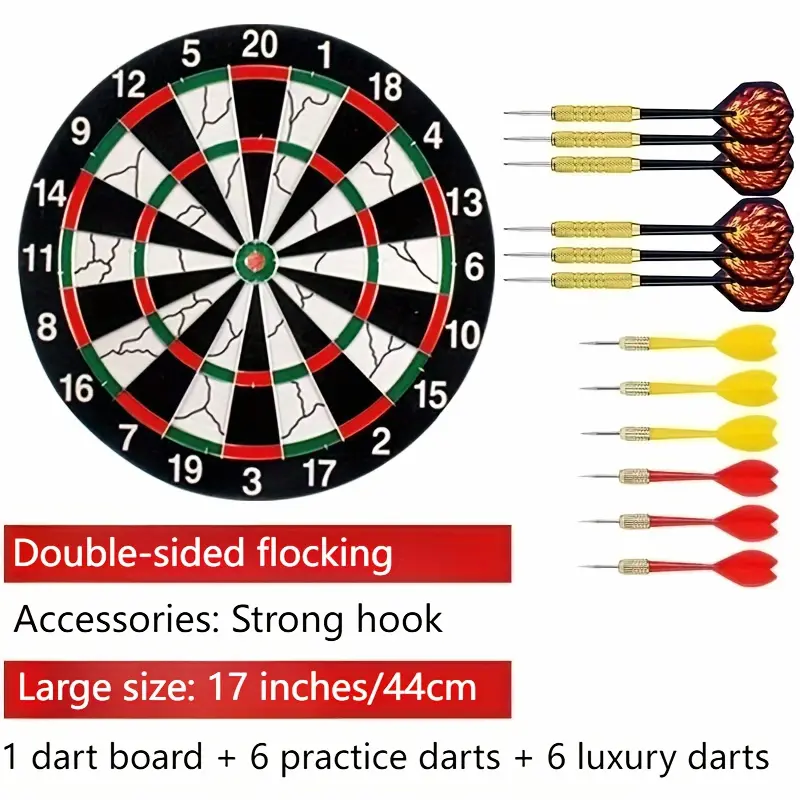 17-Inch Dart Target Set Thick Double-Sided Flocking Solid Alloy Frame with 6 Practice Darts and 6 Luxury Darts for Family Game Night Office Party Competition