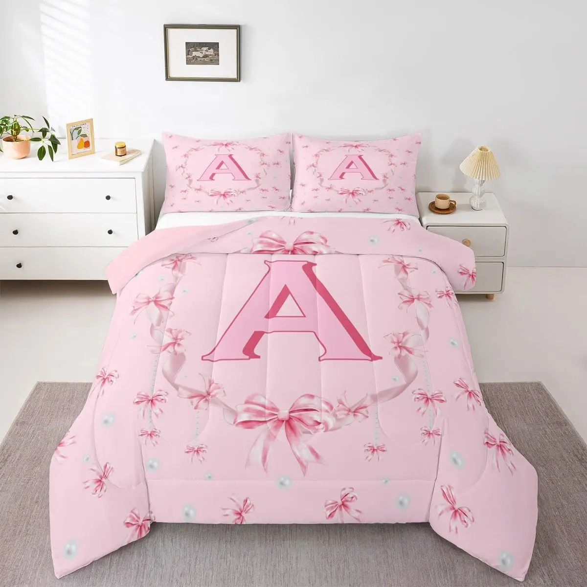Feelyou Initial Letter A Bed Comforter Set - Cute Kawaii Bow Letter Pattern Bedding, Breathable Soft Lightweight Skin-Friendly Blanket, Pink Princess Chic Quilt Duvet, Breathable Soft Blanket, Soft Lightweight Blanket