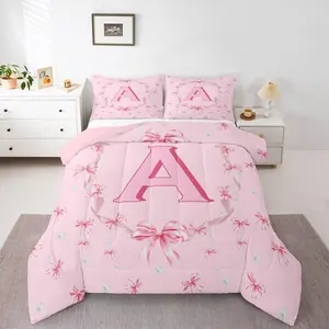 Initial Letter A Comforter Set,Cute Kawaii Bow Bedding Set,Pink Princess Letter Bowknot Bedding Comforter Sets,Romantic Chic Quilt Duvet Skin Friendly