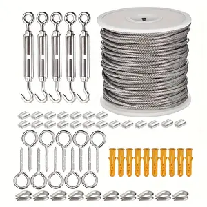 Stainless Steel Wire Rope Cable Kit with Vinyl Coated 100ft Cable, Accessories for Outdoor and Garden Use, Versatile Use, Industrial Grade Rigging Hardware Set, Comprehensive Kit