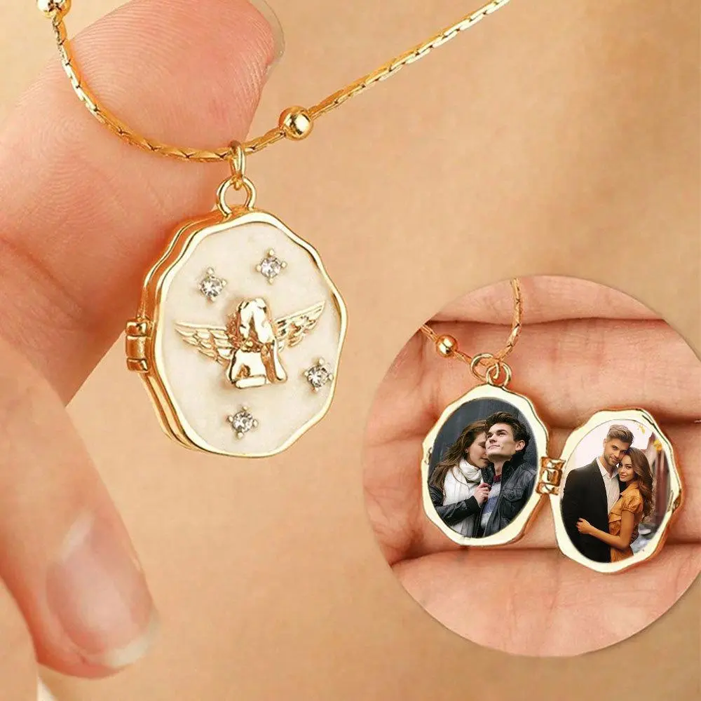 Vintage Angel Photo Locket Necklace - Opening Picture Frame Pendant with Angel Motif, Meaningful Gift for Mother’s Day & Anniversary, Pet Memorial Costume Jewelry Chain, Meaningful Gifts, Angel-Themed Necklaces