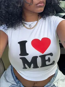 Women's "I LOVE ME" Letter Print Round Neck Crop Tee, Casual Fashion Short Sleeve T-shirt for Daily Holiday Vacation Outdoor Wear, Ladies Clothes for Summer, Top, Womenswear