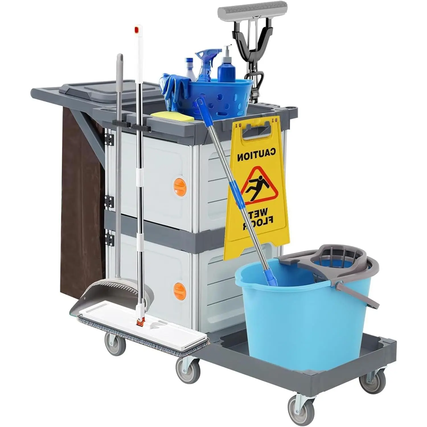 Commercial Janitorial Cart with Wheels, 3-Shelf Housekeeping Cleaning Cart with 2 Cabinets, Cover & Oxford Bag, Heavy-Duty Janitor Cart for School, Hotel & Apartment, Gray