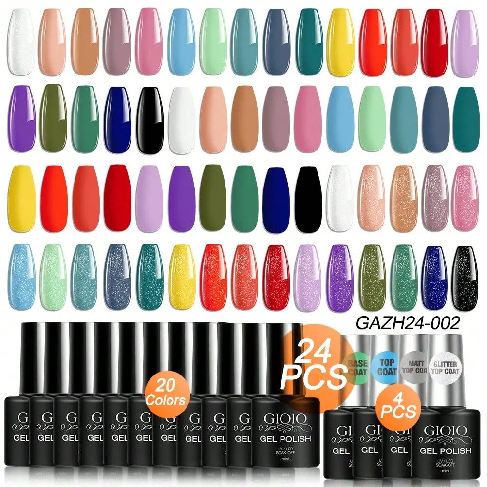 GIOIO 24 Pcs Gel Nail Polish Set, Gel Polish Kit, Semi-Permanent 20 Colors UV Gel Nail Polish With Base Coat, Glossy Top Coat, Matt and Glitter Top Coat, Assorted Nail Polish Set in Nude, Red, Blue and Black, Suitable for Women and Girls DIY Nail Art