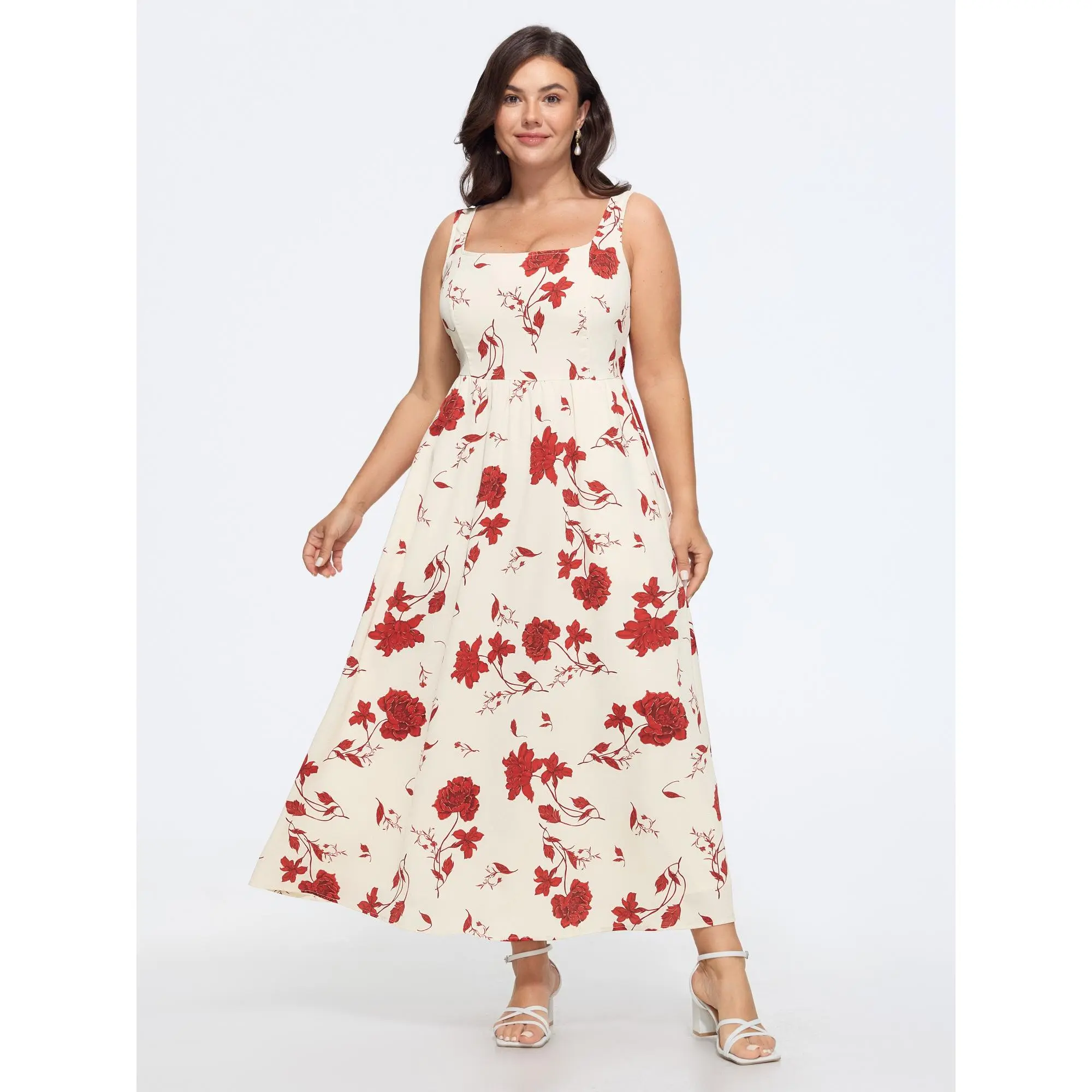 BloomChic Plus Size Maxi Dress for Women, Timeless Floral Print Sleeveless Flowy Polyester Summer Garment with Pockets, Casual, Smooth, Curvy Dresses Plus Size, Fabric, Casual Wear