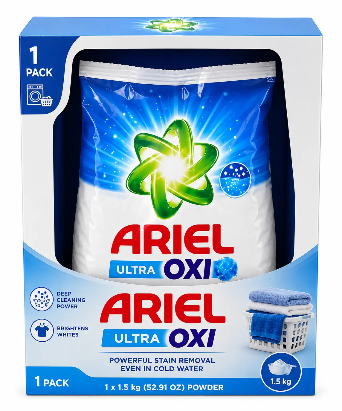 Ariel Ultra OXI Powder Laundry Detergent, 1.5 kg (52.91 oz), Deep Cleaning, Brightens Whites, 1 Pack