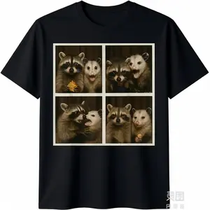 Funny Possum & Raccoon Photobooth Selfie Graphic T-Shirt - Retro Vintage Style Unisex Short Sleeve Tee with 4 Animal Selfies, 220gsm Heavyweight, All-Season Fit for Men & Women, Casual & Themed Events